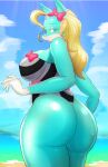 2023 anthro beach big_breasts big_butt blonde_hair blue_eyes bow_ribbon breasts butt clothed clothing countershade_face countershading digital_media_(artwork) dulce_ratoncita female hair hi_res ippan_josei long_hair looking_at_viewer looking_back mammal my_hero_academia one-piece_swimsuit pattern_clothing seaside sky solo striped_clothing stripes swimwear teal_body