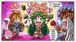  1girl ahoge angel angel_wings apron carrot chain champion&#039;s_tunic_(zelda) chef_hat cooking_mama diadem dress eggplant forehead_jewel gold_chain green_eyes green_hair hat heart highres holding holding_ladle kid_icarus kid_icarus_uprising kirby kirby_(series) ladle laurel_crown link long_hair open_mouth palutena pit_(kid_icarus) smile stoic_seraphim super_smash_bros. the_legend_of_zelda the_legend_of_zelda:_breath_of_the_wild tomato wings 