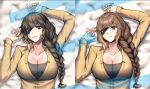  breasts brown_eyes brown_hair eyepatch girls&#039;_frontline large_breasts long_hair looking_at_viewer lying m16a1_(girls&#039;_frontline) scar shirt smile xanax025 yellow_shirt 