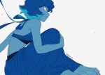  1girl barefoot blue_dress blue_hair blue_skin blue_skirt colored_skin crop_top dated dress feet highres hug hugging_own_legs lapis_lazuli_(steven_universe) looking_to_the_side ruki32_32 short_hair signature simple_background skirt solo steven_universe white_background 