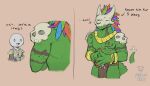 absurd_res anthro biskierisky clothed clothing duo english_text eyes_closed green_body hi_res human lizard male mammal reptile scalie simple_background tail terraria text witch_doctor_(terraria)