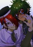  2boys black_eyes black_headwear black_jacket blue_hair blue_jacket cape closed_mouth collared_shirt facial_mark glasses green_hair hair_over_one_eye hand_on_another&#039;s_chin hand_up hat highres jacket long_sleeves looking_at_viewer male_focus master_detective_archives:_rain_code multicolored_hair multiple_boys necktie oishikunatte_shintoujou red-framed_eyewear red_eyes red_hair round_eyewear shirt short_hair smile upper_body white_cape white_shirt yomi_hellsmile zilch_alexander 