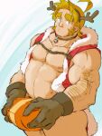  1boy abs antlers arm_hair averting_eyes bara bare_pectorals bell belly blonde_hair bottomless box character_request christmas covering_crotch covering_privates fake_antlers feet_out_of_frame gift gift_box gradient_background hat highres holding holding_gift huge_eyebrows large_hands large_pectorals male_focus mature_male muscular muscular_male mutton_chops neck_bell nipples pectorals piikeisandaa plump red_headwear reindeer_antlers santa_costume santa_hat short_hair solo sparse_chest_hair standing strongman_waist thick_eyebrows thick_thighs thighs whistling world_flipper 