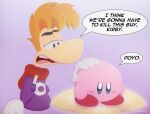  2boys artist_name big_nose blonde_hair blue_eyes blush_stickers brown_eyes colored_skin comforting disappointed disembodied_limb fang gloves hand_on_another&#039;s_head headpat highres hood hoodie i_think_we&#039;re_gonna_have_to_kill_this_guy_steven_(meme) kirby kirby_(series) looking_down meme ms_ice_cream multiple_boys open_mouth pink_skin purple_background purple_hoodie rayman rayman_(series) red_footwear red_hood shoes signature teeth upper_teeth_only v-shaped_eyebrows warp_star white_gloves 