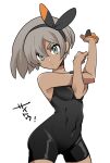  1girl bare_arms bea_(pokemon) black_bodysuit black_hairband bodysuit bow_hairband breasts character_name closed_mouth commentary_request covered_abs cowboy_shot dark-skinned_female dark_skin eyelashes gloves grey_eyes grey_hair hair_between_eyes hairband highres looking_at_viewer naruse_makoto partially_fingerless_gloves pokemon pokemon_swsh short_hair simple_background single_glove solo stretching white_background 