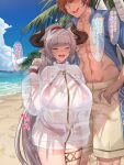  1boy 1girl :d after_fellatio after_sex aliza_(granblue_fantasy) beach bikini bikini_under_clothes blue_sky breasts brown_horns cloud collarbone commentary_request cum cum_in_pussy day draph faceless faceless_male gran_(granblue_fantasy) granblue_fantasy highres horns huge_breasts lancer24 long_hair o-ring o-ring_bikini o-ring_top ocean outdoors pubic_hair red_bikini red_eyes shorts sidelocks sky smile speech_bubble standing sweat swimsuit translation_request yellow_shorts 