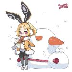  2023 animal_ears black_pantyhose blonde_hair blush bowl carrot chopsticks coat commentary_request disgaea earmuffs eating fake_animal_ears food full_body fur-trimmed_coat fur_trim harada_takehito highres holding holding_bowl holding_chopsticks leotard noodles open_clothes open_coat pantyhose pink_eyes prinny rabbit_ears short_hair snow snowing snowman usalia_(disgaea) white_leotard winter 