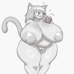 animal_humanoid areola belly beverage big_breasts bodily_fluids breasts cat_humanoid chubby_female chubby_humanoid drinking felid felid_humanoid feline feline_humanoid female genitals hair hi_res huge_breasts huge_thighs humanoid hyper hyper_breasts mammal mammal_humanoid monochrome neco-arc nipples nude pussy simple_background smile solo standing sweat sweatdrop tail tha_randomu thick_thighs tsukihime type-moon