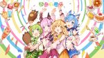  4girls :d absurdres animal_ear_fluff animal_ears animare bag bangs bat_ears bear_ears bear_paws blue_eyes blue_hair blue_skirt blush bow bowtie breasts brown_eyes brown_hair bunny_ears camomi coffee coffee_cup copyright_name cup detached_sleeves disposable_cup dog_ears eyebrows_visible_through_hair gloves green_bow green_eyes green_hair green_skirt hair_between_eyes hair_ribbon hand_to_own_mouth hand_up highres hinokuma_ran inaba_haneru_(animare) large_breasts logo long_hair looking_at_viewer medium_breasts medium_hair melon_soda miniskirt multiple_girls name_tag official_art open_mouth parfait paw_gloves paws pink_hair pink_skirt polka_dot polka_dot_bow purple_eyes ribbon short_hair skirt smile souya_ichika spoon suspender_skirt suspenders umori_hinako virtual_youtuber yellow_skirt 