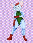 2023 5_fingers abs anthro bare_shoulders big_ears biped blue_body blue_ears blue_eyes blue_fur blue_hair blue_tuft boots breasts buckteeth cammy_white capcom cheek_tuft clothed clothed_anthro clothed_female clothing colored cosplay digital_drawing_(artwork) digital_media_(artwork) eyelashes facial_tuft female female_anthro fingerless_gloves fingers footwear front_view full-length_portrait fur fur_tuft glistening glistening_eyes gloves green_clothing green_leotard hair halftone hand_on_leg hand_on_own_arm hand_on_own_leg hand_on_own_thigh hand_on_thigh handwear hat headgear headwear hi_res leotard long_tail looking_aside mammal markedmandsx mia_mouse mouse mouse_ears mouse_tail murid murine muscular muscular_anthro muscular_female outline pattern_background perspective-incorrect_clothing perspective-incorrect_leotard perspective-incorrect_texturing pink_inner_ear pink_nose pink_tail plaid plaid_background portrait red_boots red_clothing red_footwear red_gloves red_handwear red_hat red_headwear rodent round_ears shaded simple_background solo standing street_fighter tail teeth tuft white_outline