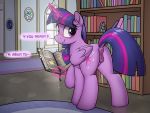  absurd_res animal_genitalia animal_pussy anus book bookshelf butt clitoris cutie_mark dialogue dock english_text equid equine_pussy eyelashes female feral friendship_is_magic hi_res horn mammal my_little_pony purple_eyes pussy selenophile solo text twilight_sparkle_(mlp) winged_unicorn wings 