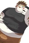9dtq0 absurd_res anthro belly blush bottomwear cellphone clothing electronics eyewear felid fur glasses hi_res licho_(tas) lifewonders male mammal navel overweight pantherine phone shirt shorts smartphone solo striped_body striped_fur stripes t-shirt tiger tokyo_afterschool_summoners topwear white_body white_fur