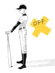  1boy baseball_bat baseball_cap baseball_uniform belt boots closed_eyes closed_mouth from_side full_body hat holding holding_baseball_bat long_sleeves male_focus off_(game) shifumame solo sportswear standing the_batter_(off) white_background 