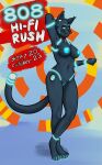 2023 808_(hi-fi_rush) anthro anthrofied bethesda_softworks black_body black_fur blue_nipples blue_pussy breasts collar collar_only domestic_cat felid feline felis female full-length_portrait fur genitals glowing glowing_nipples hand_behind_head hi-fi_rush hi_res mammal nipples nude phelpsfilchat portrait pussy solo standing