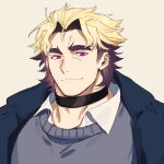  1boy bara black_choker blonde_hair blue_jacket choker closed_mouth collared_shirt forked_eyebrows grey_sweater hagiography highres jacket loki_(housamo) looking_at_viewer male_focus multicolored_hair pink_eyes portrait purple_hair shirt sideburns_stubble simple_background solo sweater thick_eyebrows tokyo_afterschool_summoners two-tone_hair white_shirt 