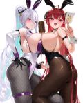  2girls absurdres ahoge alcohol animal_ears aqua_pupils arm_strap azur_lane between_breasts black_gloves black_horns black_leotard blush breast_press breasts card champagne champagne_bottle chochomi curled_horns demon_girl detached_collar elbow_gloves fake_animal_ears fake_tail fang fishnet_pantyhose fishnets gloves hair_between_eyes hand_on_own_hip highres hindenburg_(azur_lane) hindenburg_(delirious_duel)_(azur_lane) holding holding_card holding_hands horns kearsarge_(all_night_charge)_(azur_lane) kearsarge_(azur_lane) large_breasts leotard long_hair looking_at_viewer multicolored_leotard multiple_girls official_alternate_costume open_mouth pantyhose pink_pupils playboy_bunny playing pointy_ears ponytail pouring pouring_onto_self purple_eyes purple_leotard rabbit_ears red_eyes red_hair skin_fang skindentation strapless strapless_leotard symmetrical_docking tail thigh_strap torn_clothes torn_pantyhose undersized_breast_cup white_background white_hair wrist_cuffs 