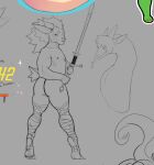 amygdahlia_(artist) anthro cervine deer dragon drawpile duo feet hartswell_(amygdahlia) hi_res looking_back male male/male mammal melee_weapon muscular nipples nude scar soles sword tiptoes weapon wrappings