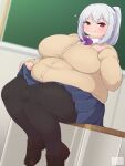  1girl black_pantyhose blue_skirt blurry blurry_background blush bow breasts brown_footwear buttons chalkboard closed_mouth commentary_request commission fat feet_out_of_frame grey_hair hair_between_eyes heart heo_(tkgm) highres huge_breasts lifted_by_self long_hair long_sleeves looking_at_viewer original pantyhose pleated_skirt ponytail purple_bow red_eyes shoes sitting skeb_commission skirt smile solo split_mouth thick_thighs thighs wing_collar 