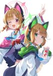  2girls absurdres animal_ear_headphones animal_ears black_skirt blonde_hair blue_archive blue_necktie blush bow cat_tail closed_mouth collared_shirt fake_animal_ears fingernails green_bow green_eyes green_halo hair_bow halo headphones highres jacket long_sleeves looking_at_viewer midori_(blue_archive) momoi_(blue_archive) multiple_girls necktie one_eye_closed open_mouth pink_halo pleated_skirt red_bow red_eyes shirt short_hair siblings simple_background sisters skirt smile tail twins white_background white_jacket white_shirt zino_zinuo 