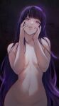  1girl black_background breasts commentary completely_nude convenient_arm english_commentary genshin_impact groin hands_on_own_face hands_up highres long_hair navel nokkusuart nude purple_eyes purple_hair raiden_shogun simple_background solo stomach upper_body very_long_hair 