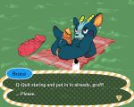  animal_crossing antelope anus balls blue_fur blush bovid bruce_(animal_crossing) dialogue disembodied_penis duo erection ftrashman_(artist) fur grass horn male mammal nintendo nude penis precum text towel video_games 