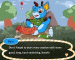  animal_crossing antlers balls bam_(animal_crossing) big_penis blue_fur bottomless cervid clothed clothing dialogue erection ftrashman_(artist) fur horn huge_penis humanoid_penis male mammal nintendo penis shirt solo text topwear video_games 