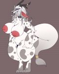  2019 anthro antlers areola belly big_areola big_breasts big_butt biped black_nose breasts butt collar eyelashes featureless_crotch female fluffy fluffy_tail full-length_portrait fur hair hi_res horn huge_breasts inverted_nipples long_ears looking_at_viewer mammal navel neck_tuft nipples nude portrait red_eyes sepiruth simple_background solo standing thick_thighs tuft unknown_species voluptuous white_fur white_hair wide_hips 