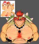 anthro barbell_piercing blush blush_lines bowser chest_tuft clothing collar curved_horn fingerless_gloves gat0pussy24 gloves green_body green_scales grey_background hair half-closed_eyes handwear hi_res horn koopa male mario_bros muscle_tone muscular muscular_anthro muscular_male narrowed_eyes nintendo nipple_barbell nipple_piercing nipples pecs piercing red_hair scales scalie shell simple_background spiked_collar spiked_shell spikes spikes_(anatomy) stubble tuft yellow_body yellow_scales
