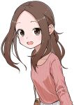  1girl absurdres bag brown_eyes brown_hair forehead handbag highres inaba_mifumi karakai_jouzu_no_(moto)_takagi-san karakai_jouzu_no_takagi-san long_sleeves looking_at_viewer medium_hair open_mouth sidelocks simple_background solo takagi-san 