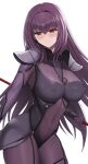  1girl armor bodysuit breasts covered_nipples fate/grand_order fate_(series) gae_bolg_(fate) hair_intakes highres higofushi large_breasts leotard pauldrons polearm purple_bodysuit purple_hair purple_leotard red_eyes scathach_(fate) shoulder_armor solo spear weapon white_background 