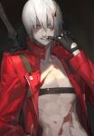  1boy absurdres belt_bra bishounen blood blood_in_hair blood_on_face blue_eyes coat dante_(devil_may_cry) devil_may_cry_(series) devil_may_cry_3 finger_in_own_mouth fingerless_gloves gloves highres lin09 long_hair looking_at_viewer male_focus pale_skin rebellion_(sword) red_coat solo sword weapon white_hair 