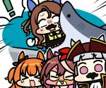  ! &gt;_&lt; 4girls =_= animal_ears apron black_apron blunt_bangs bow brown_hair brown_ribbon ear_covers ear_ribbon fake_facial_hair fake_mustache gang_beasts gold_ship_(umamusume) green_bow grey_hair hair_bow horse_ears horse_girl jazz_jack king_halo_(umamusume) long_hair mayano_top_gun_(umamusume) multicolored_hair multiple_girls orange_hair pakatube purple_eyes red_headwear ribbon shark shirt spoken_exclamation_mark streaked_hair tokai_teio_(umamusume) umamusume vore yellow_shirt 