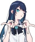  1girl ado_(utaite) black_bow black_bowtie black_nails blue_eyes blue_flower blue_hair blue_rose bow bowtie chando_(ado) cloud_nine_inc collared_shirt colored_inner_hair commentary dark_blue_hair double_gyaru_v dress_shirt flower flower_brooch long_hair looking_at_viewer mole mole_under_eye multicolored_hair nail_polish one_eye_closed riseno rose shirt sidelocks simple_background solo tongue tongue_out upper_body utaite white_background white_shirt 