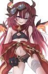  1girl artist_name bandaged_leg bandages belt belt_pouch black_shorts brown_belt cowboy_shot crop_top dragon_girl dragon_horns dragon_wings goggles goggles_on_head grey_eyes highres horns jacket long_hair multicolored_hair navel off_shoulder parted_lips phase_connect pouch red_hair red_jacket red_scarf saya_sairroxs scarf short_shorts shorts solo streaked_hair takida_185 teeth upper_teeth_only white_hair wings 