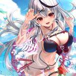  1girl :d bikini black_bikini black_hair blue_sky braid breasts claw_pose cleavage commentary_request criss-cross_halter fang front-tie_bikini_top front-tie_top grey_hair hair_ornament hairclip halterneck hololive inari_(ambercrown) jacket large_breasts layered_bikini long_hair looking_at_viewer multicolored_hair nail_polish ocean official_alternate_hair_length official_alternate_hairstyle open_mouth paid_reward_available pink_nails red_bikini red_eyes sakamata_chloe see-through see-through_jacket side-tie_bikini_bottom side_braid sky smile solo straight_hair streaked_hair swimsuit thigh_strap virtual_youtuber w_arms x_hair_ornament 