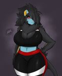 akibarx anthro athletic athletic_anthro athletic_female big_breasts black_body black_fur black_hair blue_body blue_fur bottomwear bra breasts cleavage clothed clothing felid female front_view frown fully_clothed fur generation_4_pokemon hair hand_on_hip hi_res luxray mammal midriff nintendo pants pokemon pokemon_(species) red_eyes solo sports_bra tight_bottomwear tight_clothing tight_pants underwear wide_hips workout_clothing