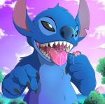  2018 4_fingers alien angel_(lilo_and_stitch) antennae_(anatomy) black_claws black_eyes blue_fur blue_nose blush chest_tuft claws detailed_background digital_media_(artwork) disney duo experiment_(species) fur head_tuft holding_character imminent_vore lilo_and_stitch macro mountain notched_ear open_mouth open_smile outside pink_body purple_nose s2-freak saliva sea smile standing stitch tuft vore water 