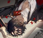  1boy amamiya_ren arm_up between_fingers black-framed_eyewear black_eyes black_hair black_jacket card cuff_links glasses grin holding holding_card jacket long_sleeves looking_at_viewer lying male_focus nameplate on_back open_clothes open_jacket persona persona_5 petals rose_petals school_uniform shirt short_hair shuujin_academy_school_uniform smile smirk solo suou_(sdurorhr) suspenders turtleneck upside-down white_shirt 