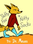 2023 3:4 3_toes 4_fingers ambiguous_gender anthro blue_clothing blue_footwear blue_socks canid canine charlie_(weaver) clothing corsac_fox digital_media_(artwork) english_text eyes_closed feet female_(lore) fingers footwear fox hi_res mammal pack_street parody red_clothing red_sweater red_topwear simple_background socks solo sweater tangerine_(artist) text toes topwear turtleneck