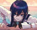  1girl ado_(utaite) black_bow black_bowtie blue_flower blue_hair blue_rose bow bowtie chando_(ado) clenched_teeth cloud_nine_inc colored_inner_hair commentary_request dark_blue_hair flower flower_brooch gloves hair_between_eyes light_blush looking_at_viewer mole mole_under_eye multicolored_hair riseno rose see-through see-through_shirt shirt sidelocks solo teeth two-tone_hair utaite water wet wet_clothes white_gloves white_shirt 