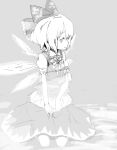  1girl bad_drawr_id bad_id bow cirno closed_mouth frilled_bow frills from_side frown greyscale hair_between_eyes hair_bow hands_on_lap large_bow looking_to_the_side monochrome oekaki print_bow puffy_short_sleeves puffy_sleeves sad short_hair short_sleeves sitting solo tcmk touhou wing_collar wings 