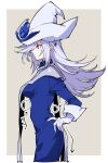  1girl breasts dress duel_monster from_side gloves grey_hair hand_on_own_hip hat highres large_breasts long_hair silent_magician solo white_gloves witch_hat wizard_hat yoshio_296 yu-gi-oh! 