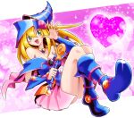  1girl bare_shoulders blonde_hair blue_footwear blue_headwear blush blush_stickers boots breasts choker cleavage dark_magician_girl duel_monster green_eyes hair_between_eyes hat heart highres holding holding_wand large_breasts long_hair looking_at_viewer open_hand open_mouth smile solo staff usoco wand wizard_hat yu-gi-oh! yu-gi-oh!_duel_monsters 