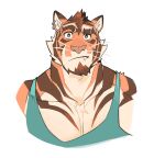  1boy animal_ears asher_(saltypoundcake) bara cropped_torso eyebrow_piercing facial_hair fang fang_out furry furry_male goatee green_tank_top large_pectorals looking_at_viewer male_focus mature_male muscular muscular_male orange_fur original pectoral_cleavage pectorals piercing raised_eyebrow saltypoundcake short_hair solo streaked_beard tank_top thick_eyebrows tiger_boy tiger_ears two-tone_fur white_background 