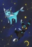  alternate_color animal_focus black_eyes blue_eyes blue_theme colored_sclera commentary constellation crescent_moon fins floating from_above full_body head_fins li04r looking_up moon night night_sky no_humans outdoors pokemon pokemon_(creature) shiny_pokemon sky standing star_(sky) umbreon vaporeon yellow_sclera 