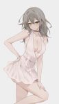  1girl absurdres alternate_costume bare_arms bare_legs bare_shoulders black_choker breasts choker cleavage commentary dress earrings feint721 grey_background grey_hair hand_on_own_hip highres honkai:_star_rail honkai_(series) jewelry long_hair looking_at_viewer medium_breasts short_dress simple_background solo standing stelle_(honkai:_star_rail) thighs trailblazer_(honkai:_star_rail) white_dress yellow_eyes 