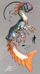  animal_focus chimera claws commentary crustacean dragon english_commentary fins fish from_side full_body grey_background highres horns lobster monster multiple_horns multiple_legs no_eyes original signature silhouette simple_background solo_focus yamamura_le 