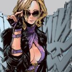  1girl adjusting_eyewear black_jacket blonde_hair breasts cleavage dress fingerless_gloves gauntlets gloves jacket jbstyle lips nina_williams purple_dress short_hair solo sunglasses tekken tekken_8 