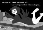  &lt;3 alternate_universe anthro apron avian big_hands bird black_background black_sclera blush butt cheerie claws clothing desk dialogue dreemurr_reborn female food greyscale haaru looking_at_viewer lying monochrome nude on_desk on_front open_mouth simple_background solo talking_to_viewer undertale video_games 