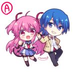  1boy 1girl :d ahoge angel_beats! arm_up black_footwear black_pants blue_eyes blue_hair blue_sailor_collar blue_skirt blush brown_footwear chibi chibi_only clenched_hands collared_shirt commentary_request demon_tail excited fake_tail fang grin hair_between_eyes hand_on_own_hip hand_up heart heart_tail hinata_hideki jacket kousetsu light_blush long_hair long_sleeves looking_at_viewer miniskirt open_mouth pants pink_eyes pink_hair pleated_skirt sailor_collar shinda_sekai_sensen_uniform shirt short_hair signature simple_background skirt smile standing tail thigh_strap two_side_up very_long_hair white_background white_shirt yellow_jacket yui_(angel_beats!) 